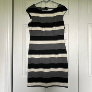 NWT Calvin Klein Sz 10 cap sleeve dress. Black gray cream stripe zip back
